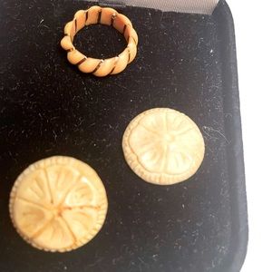 Africa hand carved Ivory earrings & gold encircled ring pre band. Very rare
